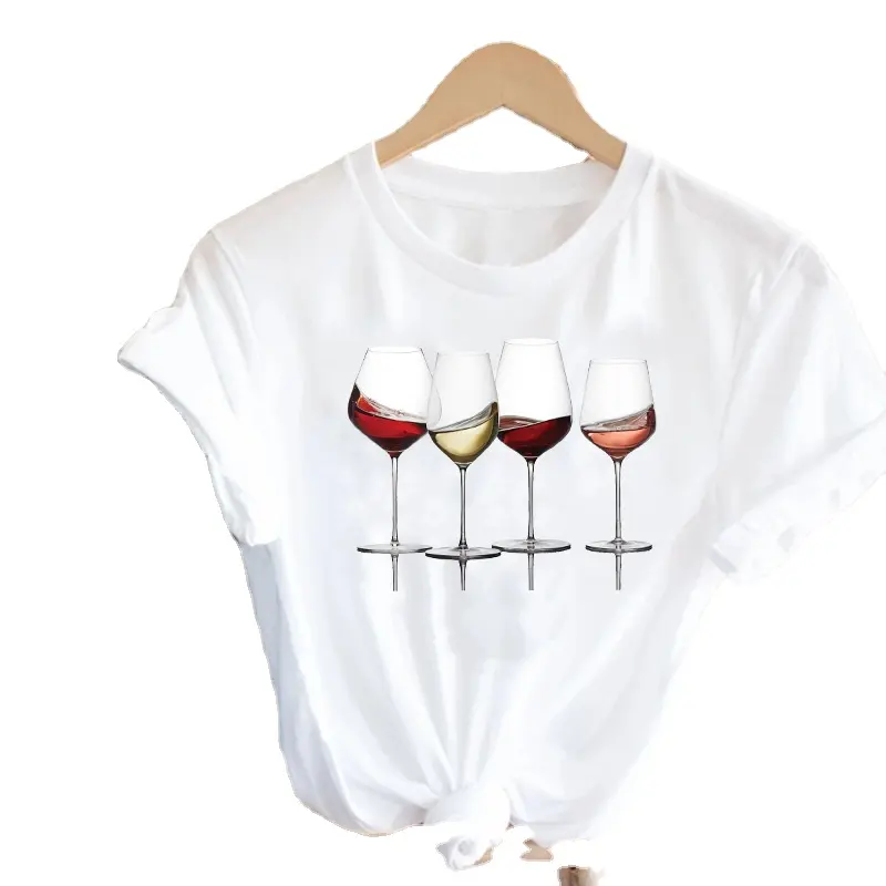 Fashion Clothes Print Tee Top Tshirt Female Graphic T-shirt Wine Lady Short Sleeve 90s Cartoon shirt