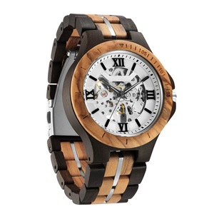 42mm <b>Black</b> Round Hollow Dial Wooden Sports <b>Watch</b> Stainless Steel Band Ceramic Strap Glass Window Movement for Business Diving - Product Image 4