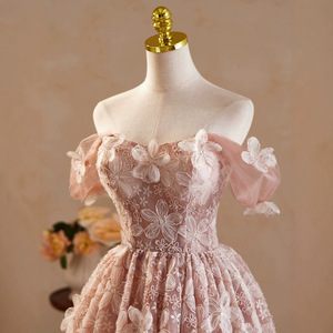 Pink Off The Shoulder Evening Gown Empire Waist 3D Floral Lace Vintage Style For Banquet Party Dress - Product Image 1