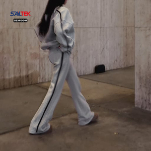 Conjunto de Sudadera con Capucha <span class=keywords><strong>Oversize</strong></span> Personalizada con Cremallera para <span class=keywords><strong>Mujer</strong></span> y Pantalones Acampanados con Rayas Laterales, de Pierna Ancha, Estilo Jogger, para Ropa Urbana, Gimnasio y Chándal - Product Image 4