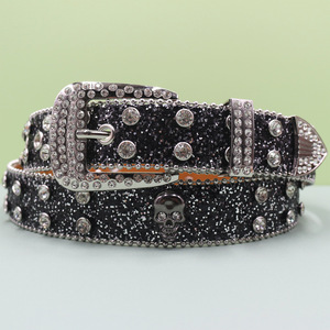 Nouvellement conçu rétro Style occidental blanc tricoté ceintures diamant étincelant Flexible <span class=keywords><strong>ceinture</strong></span> crâne PU grande <span class=keywords><strong>boucle</strong></span> <span class=keywords><strong>ceinture</strong></span> extérieure - Product Image 3