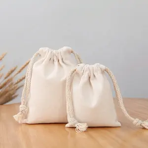 Bedrukt Logo Herbruikbare Kleine Gift Bag Katoenen Canvas Tasje Stof Verpakking Zakken