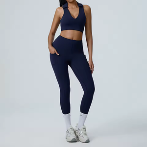 Ensemble de fitness pour femmes Soutien-gorge de sport de couleur différente avec col et leggings de compression assortis avec poches OEM personnalisé disponible - Product Image 4