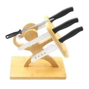 Blok pisau bambu tanpa pisau, bentuk prajurit pemegang blok pisau dapur, penyimpanan pisau dapur 7 pemegang pisau berdiri