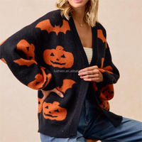 Cardigan en tricot jacquard surdimensionné à col en V et devant ouvert pour femme, motif citrouille et chauve-souris, manches longues, décontracté, pour l'automne, taille personnalisée et grandes tailles