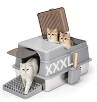Bac à litière pour chat rectangulaire de grande capacité, design ouvert, facile à nettoyer, gris clair, acier inoxydable, 144L, XXXL