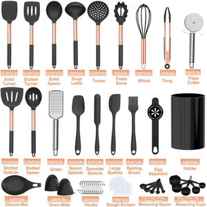 Ustensiles de cuisine, outils de cuisine, ensemble d'ustensiles de cuisine en silicone noir avec manche en acier inoxydable rose gold - Product Image 5