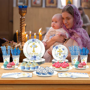 Juego de Vajilla Desechable con Tema de Hojas y Cruz en Blanco, Rosa y Azul <span class=keywords><strong>para</strong></span> Comunión, <span class=keywords><strong>Bautizo</strong></span> de Bebé, Artículos <span class=keywords><strong>para</strong></span> Fiestas - Product Image 6