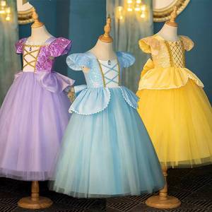 Robe de bal en coton jaune pour Halloween, costume de conte de fées pour enfants, tenue de cérémonie bleue pour filles - Product Image 1