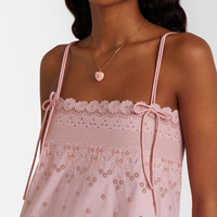 Robe mi-longue rose en coton brodée à œillets, avec nœud papillon, bretelles spaghetti, ourlet à volants et découpes, pour femme, été, décontractée, vacances