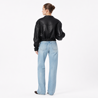 Blouson court pour femme en peau de mouton véritable noir obsidienne, fermeture éclair, col rond, écologique, anti-rides, automne
