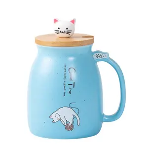 Tazza per gatti tazza da caffè in ceramica carina con adorabile coperchio in legno per gattino 3D cucchiaio in acciaio inossidabile novità regalo di compleanno