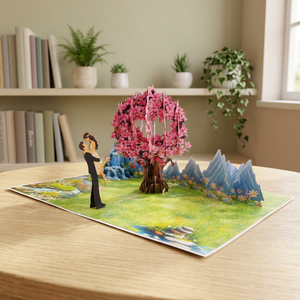 Carte de vœux 3D pop-up carrée Viet-craft, scène romantique de couple avec arbre de cerisier, thème amour pour la Saint-Valentin, origine Vietnam - Product Image 2