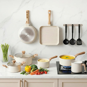 Ensemble de casseroles en céramique moderne de haute qualité avec revêtement en marbre, couvercles en verre, poignées en bois douces au toucher, antiadhésif, en aluminium, compatible gaz - Product Image 3