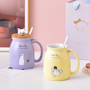 Vendita calda Cat in ceramica tazze da caffè con coperchio di bambù carino con disegno di cartone animato tazza di porcellana per latte caffè promozionale tazza con cucchiaio - Product Image 3