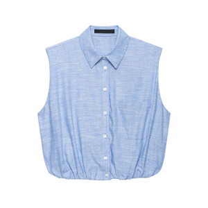 Women's Light Blue Sleeveless <b>Linen</b> Button Down Crop Shirt Casual Solid Collar <b>Top</b> Spring Summer Regular Fit - Product Image 1