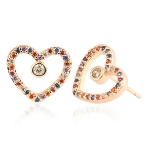 2021 Handmade Popular Women Colorful Brass Jewelry Rainbow Multi Color Crystal CZ Cubic Zircon Heart Stud Earring For Ladies