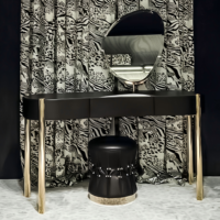 Table de toilette moderne de luxe noire avec miroir et tabouret, finition mate, avec cadre doré pour chambre à coucher