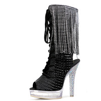 Nouvelles bottines noires 13 cm (5 pouces) en similicuir serpent brillant, à pampilles, à bout peu profond, talon rond, plateforme transparente, ornées de strass en cristal, style romain