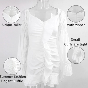 Vestito bianco da donna estivo pieghettato aderente con cerniera Club Party abiti Sexy manica lunga Mini abito elegante fasciatura Vestido - Product Image 2