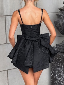 <span class=keywords><strong>Robe</strong></span> Corset Jacquard Jaune et Noir Été Élégante Courte <span class=keywords><strong>Patineuse</strong></span> à Bretelles Fines avec Nœud sans Manches pour Soirée <span class=keywords><strong>Femme</strong></span> - Product Image 4