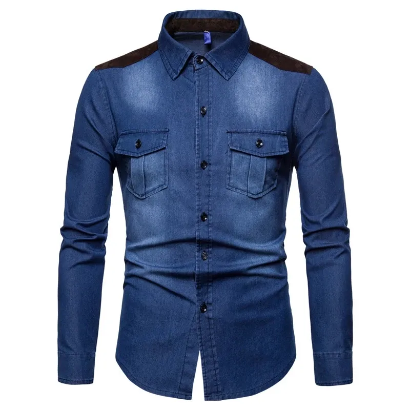 High Quality Men's Long Sleeve Denim Shirt Casual Cotton Shirt Fitted Suede Matching With Solid Pockets
