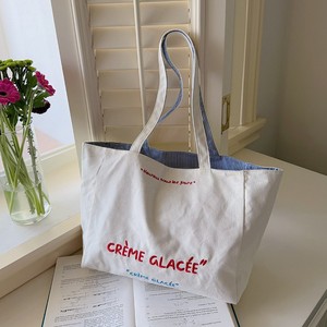 <b>Canvas</b> Tote <b>Bag</b> White Blue Reversible Embroidered Letter Design <b>Large</b> Capacity Everyday Use Women's Shoulder <b>Bag</b> - Product Image 2