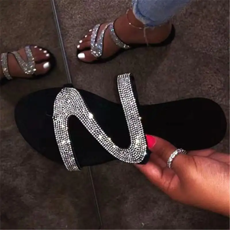 Slippers summer 2022 trendy luxury jelly sandals women flat rhinestone sandals for women