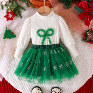 2025 Meisje Kerstoutfit Set Witte Strikken Shirt Met Lange Mouwen + Tutu Rok 2 Stuks Kleding Set - Product Image 4