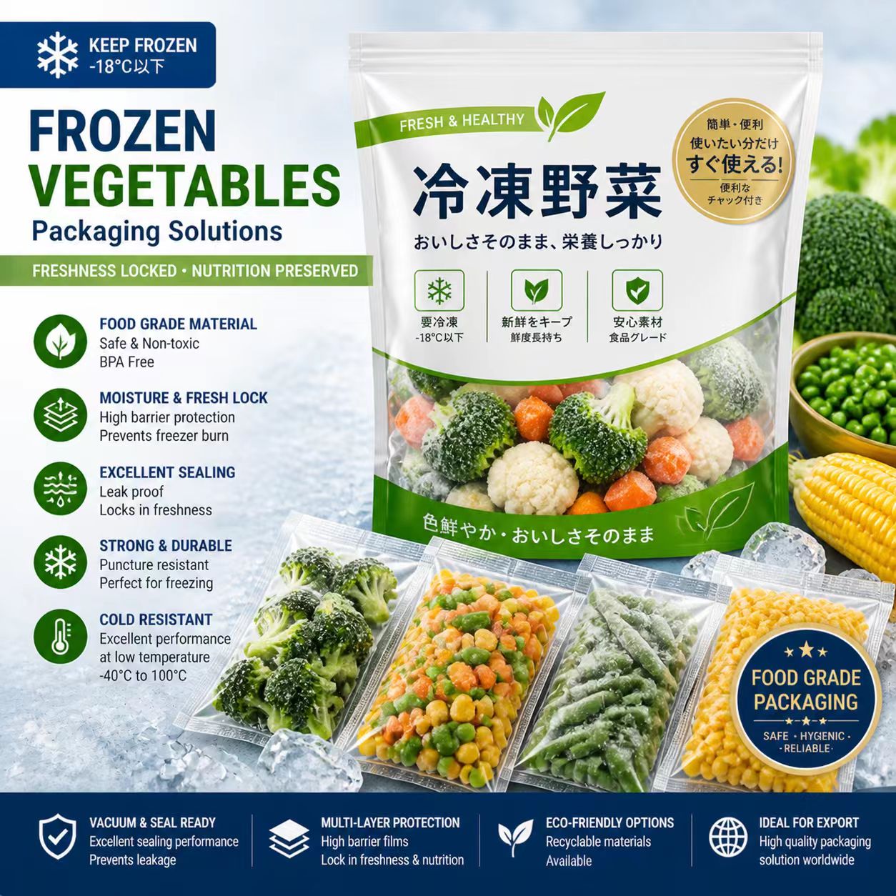 Frozen Fruit And Vegetable Packaging Bags Food Grade Leak Proof Freshness Protection Pouches For Japan Market