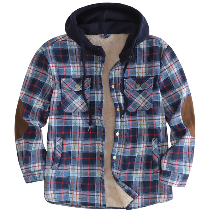 Unisex cotton outside with fleece lining blue and red Plaid and velvet winter warm hooded flannel shirt jacket