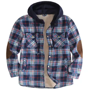 양털 안감 파란색과 빨간색 격자 무늬와 벨벳 겨울 따뜻한 후드 플란넬 셔츠 재킷 유니섹스 코튼 외부