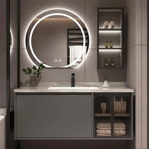 Mueble de Baño de Lujo Moderno con <span class=keywords><strong>Espejo</strong></span> de Pared, Organizador, Lavabo de Piedra, <span class=keywords><strong>Antivaho</strong></span>, Cajones de Madera, Combinación de Tocador - Product Image 1