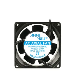 Ac-ventilador de refrigeración sin escobillas, 80mm, 8038, 220v, 50/60hz, 0.10a, fabricante chino, Ac, manga sin escobillas/rodamiento de bolas, escape Axial