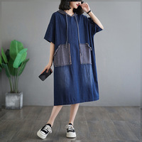 Été Loose Casual Patchwork Poches Drawstring Hooded Dresses Half Short Sleeve Midi Women's Cargo Clothing Dress Cotton Denim