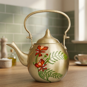 Bouilloire à thé dorée à motif floral avec poignée et couvercle, pot à eau en métal, design floral - Product Image 1