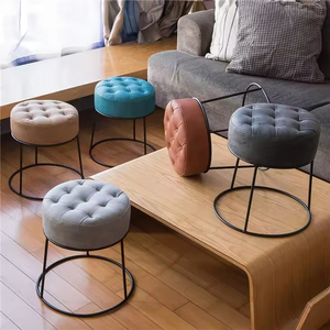 Modern PU Leather Small Footstool Ottoman Round Pouf <strong>Foot</strong> <strong>Stool</strong> With <strong>Black</strong> Metal Base - Product Image 2