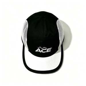 Casquette de camping personnalisée 5 panneaux en toile, corps noir, bordure blanche, broderie ACE Montagne, impression par sublimation, séchage rapide, respirante, pour l'extérieur - Product Image 2