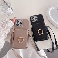 Casing selempang kulit PU iPhone, casing selempang kulit cermin Slot kartu, casing ponsel untuk iPhone XR 11 12 13 15 Plus Pro Max dengan tali bahu