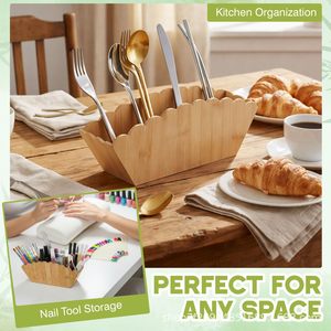 Wooden <b>Pen</b> Holder With Compartments For Crayons And Markers Desktop Storage <b>Box</b> Square Shape Solid Color - Product Image 2