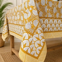 Linge de table en pur coton imprimé avec bordure botanique orange et bord rayé pour salle à manger et décoration intérieure