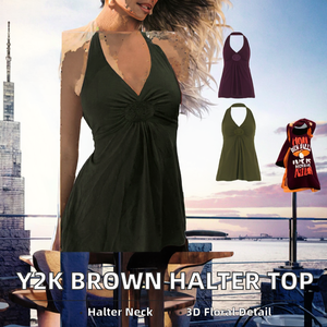 Camisole Y2K vintage marron à dentelle florale tricotée et brodée, col halter, coupe ajustée, taille plissée, style streetwear sexy pour soirée - Product Image 2