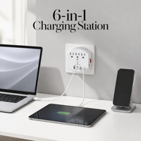 6'sı 1 arada USB Duvar Şarj Cihazı, Çift Tip-C Girişli, 3 AC Prizli, Akıllı Sensörlü Gece Lambası, 1875W Ağır Hizmet Tipi Çoklu Priz Genişletici