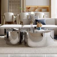 Table basse combinée irrégulière en acier inoxydable italien de luxe léger, table à thé moderne en métal argenté pour salon