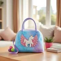 Porte-monnaie licorne en peluche dégradé avec ailes à paillettes, mini portefeuille pour filles, pochette de rangement douce et moelleuse à motif de dessin animé avec pendentif boule colorée