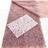 Prix de gros 5 yards Tissu en maille de dentelle africaine brodé écologique avec paillettes et perles Tofine 100% Polyester 51-52 pouces