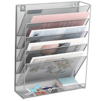 Organisateur de fichiers de bureau à 5 niveaux en maille, support mural vertical pour dossiers avec plateau inférieur, noir/argent, durable