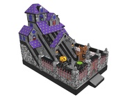 Grande maison hantée avec des gonflables de vampire, d'araignée et de citrouille, toboggan, château gonflable, maison à rebond