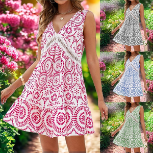 Vestido Midi de Gasa con Estampado Floral Vintage para Mujer, Marca MOJO, Transpirable, Cuello en V, Sin Mangas, Cintura Natural, Logotipo Frontal, Estilo Casual, Corte en A, para Verano - Product Image 2