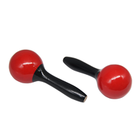 Maracas en bois, têtes sphériques rouges, poignées coniques noires, balle de sable colorée surdimensionnée de style dessin animé
